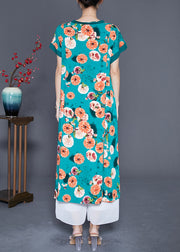 Loose Green V Neck Print Cotton Maxi Dress Summer