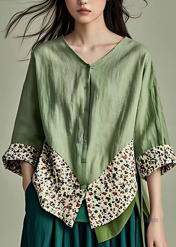 Loose Green V Neck Print Patchwork Shirts Half Sleeve