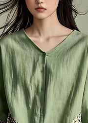 Loose Green V Neck Print Patchwork Shirts Half Sleeve