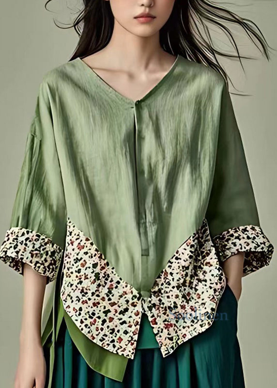 Loose Green V Neck Print Patchwork Shirts Half Sleeve