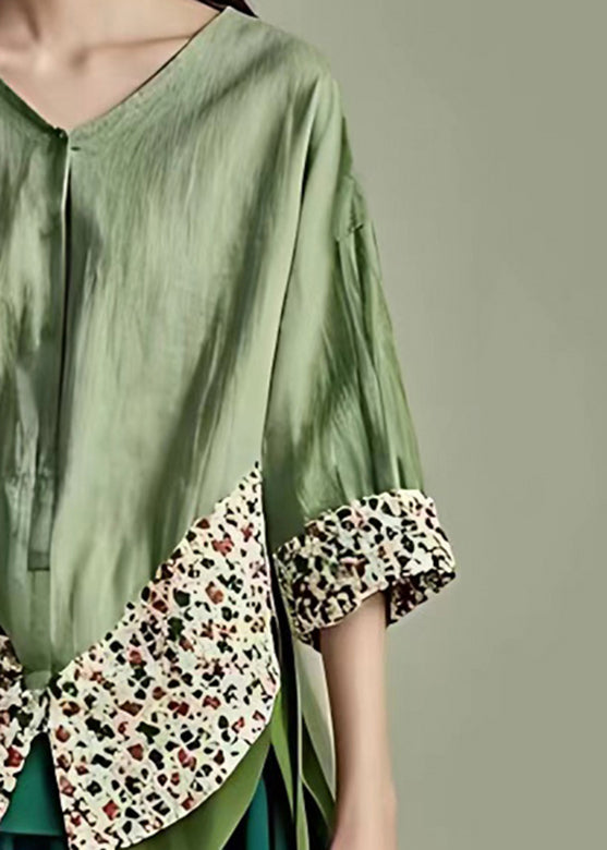 Loose Green V Neck Print Patchwork Shirts Half Sleeve