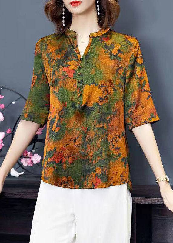 Loose Green V Neck Print Patchwork Silk Tops Summer