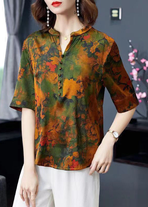 Loose Green V Neck Print Patchwork Silk Tops Summer