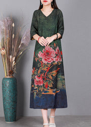 Loose Green V Neck Print Silk Dresses Half Sleeve