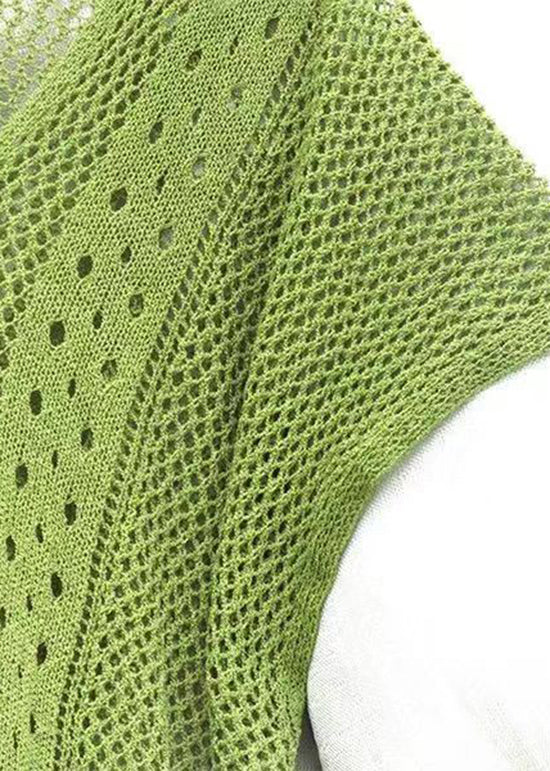 Loose Green V Neck Tasseled Hollow Out Knit Dress Summer