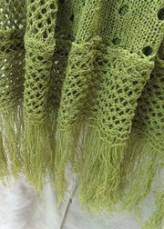 Loose Green V Neck Tasseled Hollow Out Knit Dress Summer