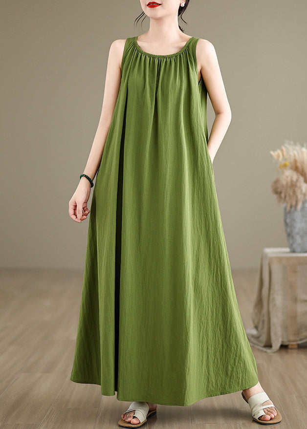 Loose Green Wrinkled Solid Cotton Maxi Dresses Sleeveless