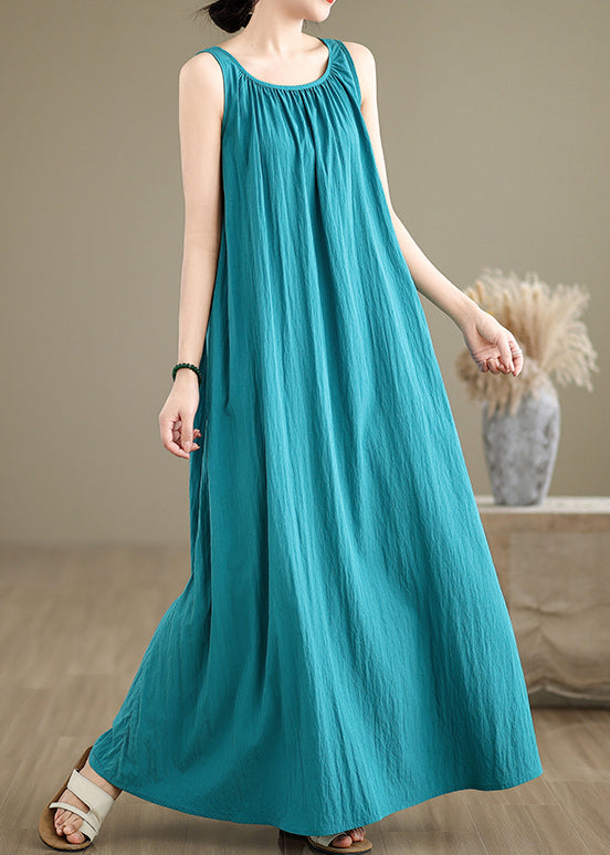 Loose Green Wrinkled Solid Cotton Maxi Dresses Sleeveless