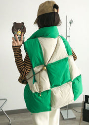 Loose Green Zip Up Patchwork Fine Cotton Filled Winter Vests