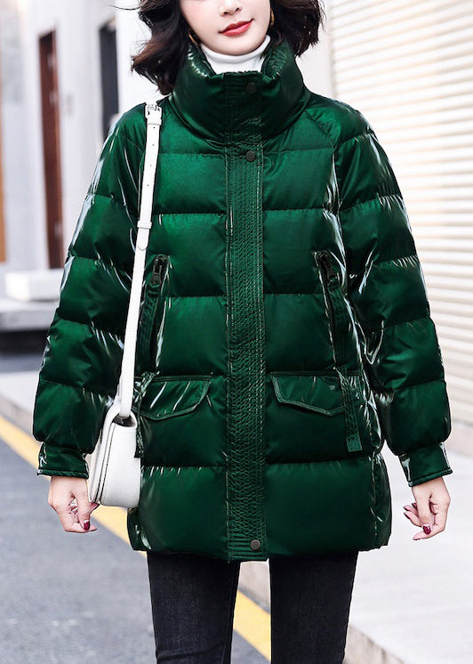 Loose Green Zippered Pockets Duck Down Coats Winter