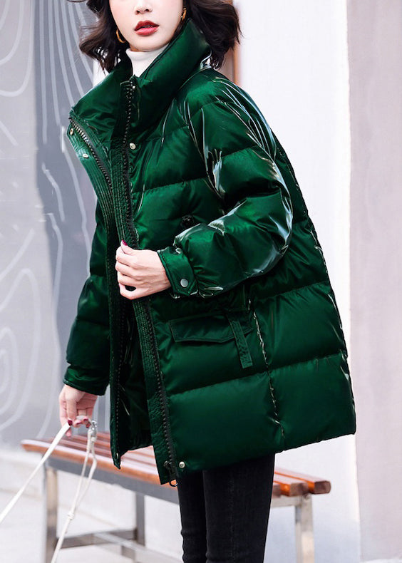 Loose Green Zippered Pockets Duck Down Coats Winter