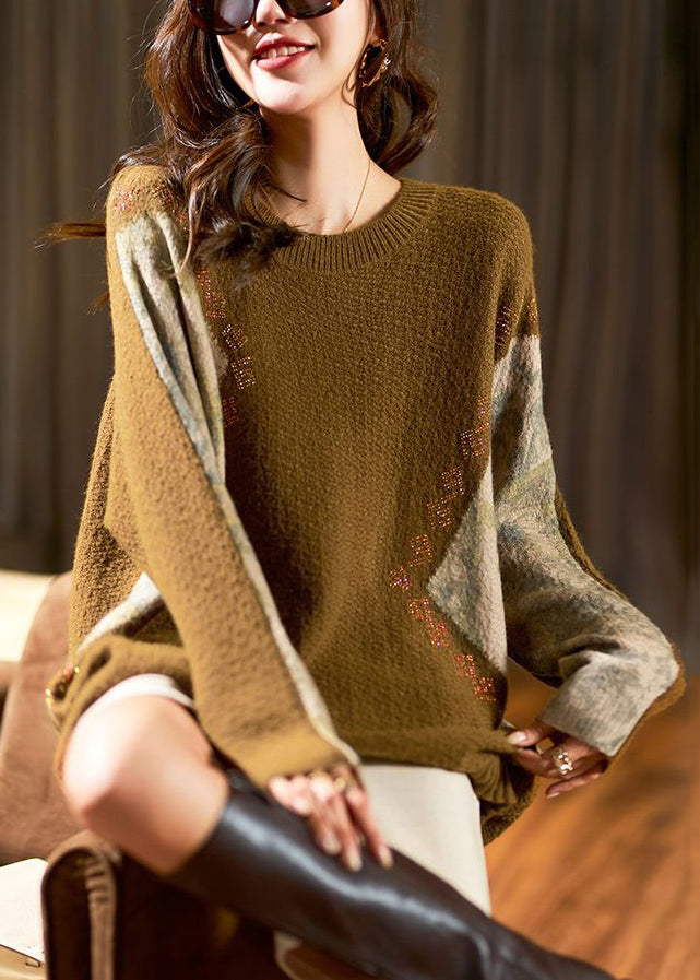 Loose Green Zircon Patchwork Knit Sweater Long Sleeve