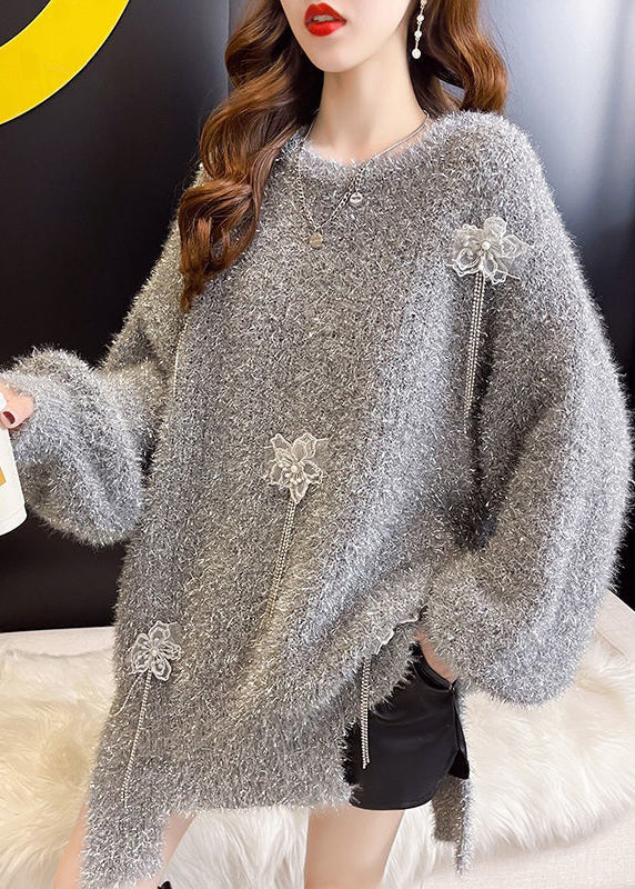 Loose Grey Asymmetrical Floral Tasseled Cotton Knit Long Sleeve