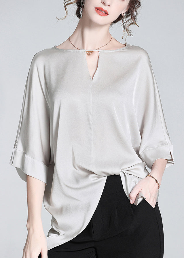 Loose Grey Asymmetrical Hollow Out Silk Tops Half Sleeve