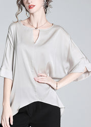 Loose Grey Asymmetrical Hollow Out Silk Tops Half Sleeve