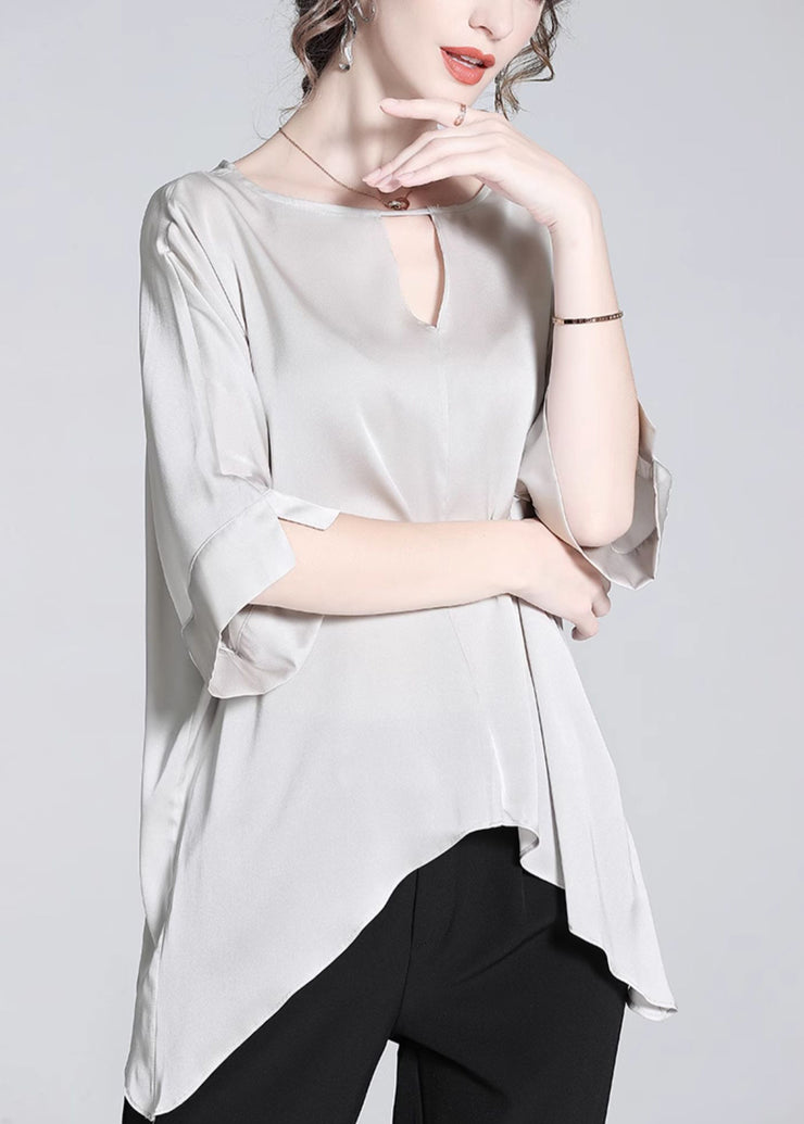 Loose Grey Asymmetrical Hollow Out Silk Tops Half Sleeve