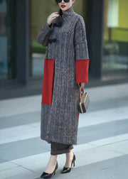 Loose Grey Button Knit Patchwork Long Coats Winter