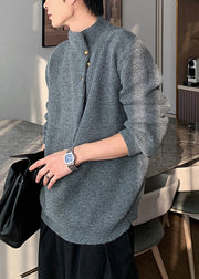 Loose Grey Button Solid Knit Men Sweater Spring