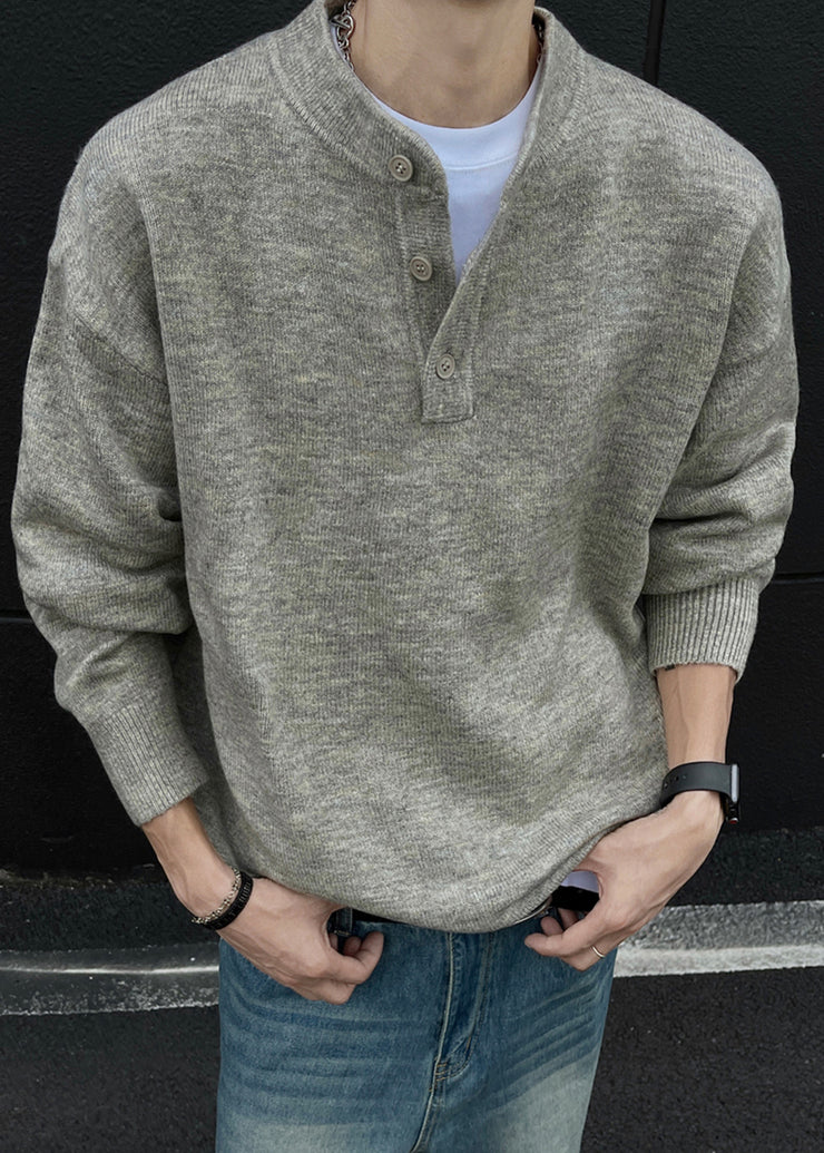 Loose Grey Button Solid Knit Men Sweaters Spring