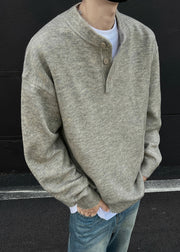 Loose Grey Button Solid Knit Men Sweaters Spring