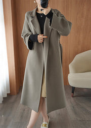 Loose Grey Chocolate Colour Notched Tie Waist Woolen Long Coats Fall