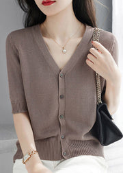 Loose Grey Coffee V Neck Button Ice Silk Knit Shirts Short Sleeve