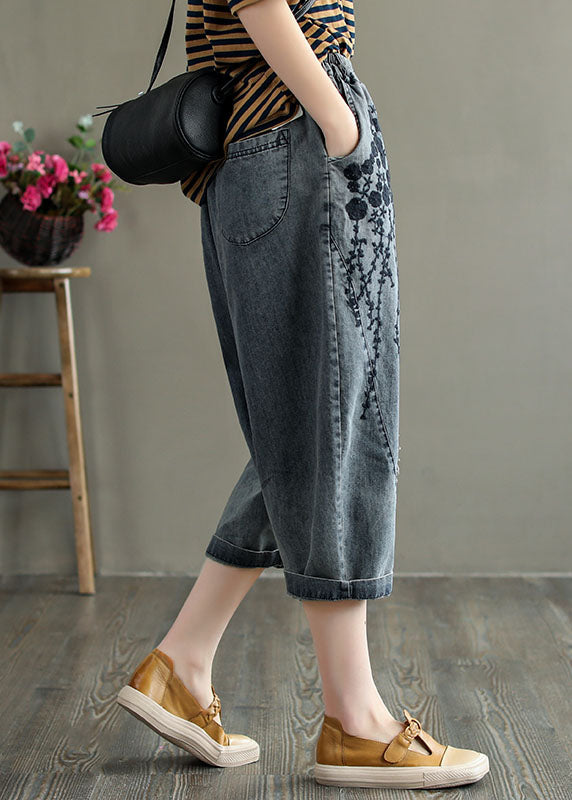 Loose Grey Elastic Waist Embroideried Hole Cotton Harem Pants Summer