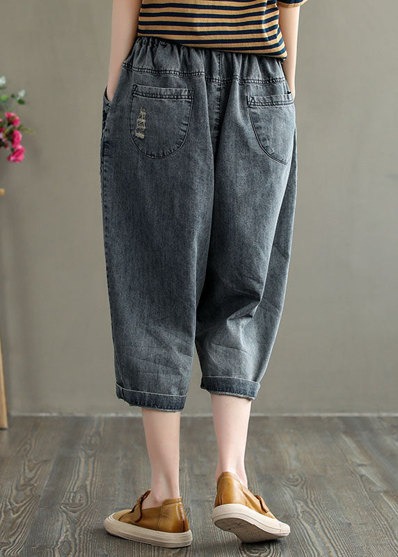 Loose Grey Elastic Waist Embroideried Hole Cotton Harem Pants Summer