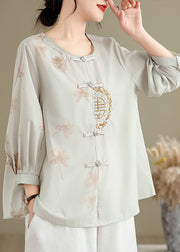 Loose Grey Embroidered Button Print Cotton Shirts Spring
