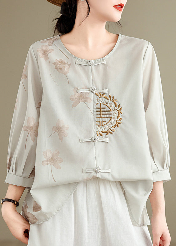 Loose Grey Embroidered Button Print Cotton Shirts Spring