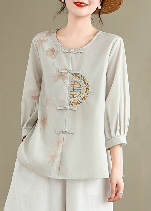 Loose Grey Embroidered Button Print Cotton Shirts Spring