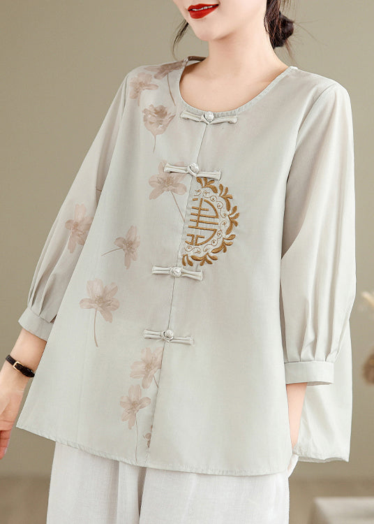Loose Grey Embroidered Button Print Cotton Shirts Spring