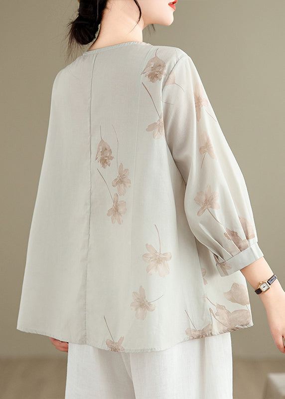 Loose Grey Embroidered Button Print Cotton Shirts Spring