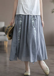 Loose Grey Embroidered Elastic Waist Patchwork Linen Skirt Fall