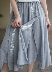 Loose Grey Embroidered Elastic Waist Patchwork Linen Skirt Fall