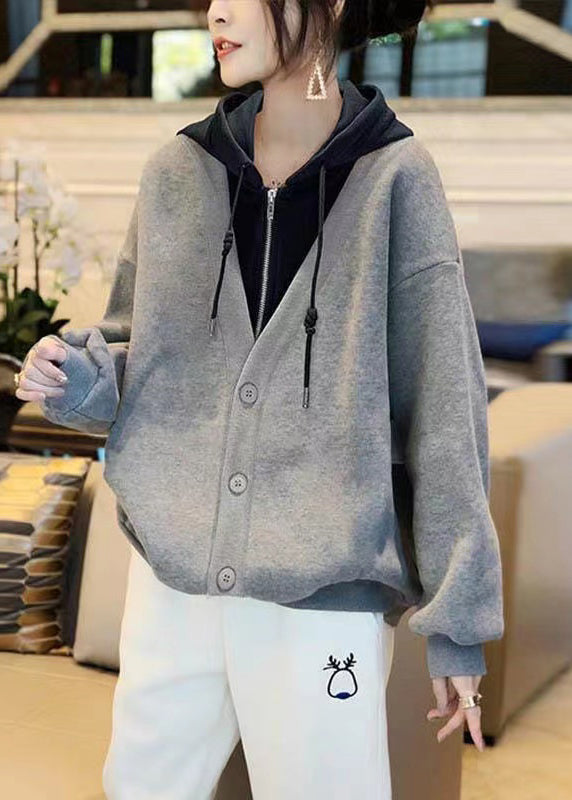 Loose Grey False Hooded Two Piecess Cotton Coats Fall