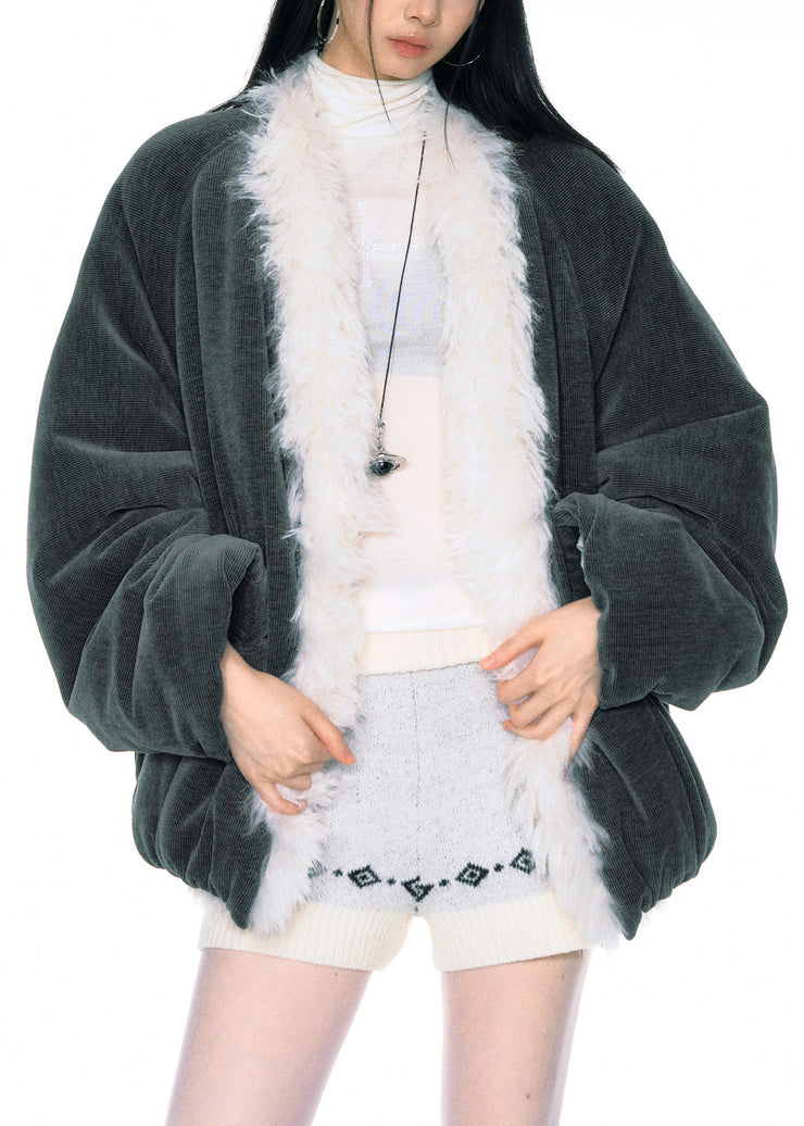 Loose Grey Fur Collar Pockets Patchwork Fluffy Parka Spring