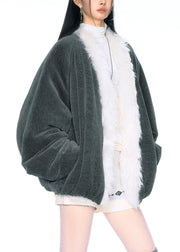 Loose Grey Fur Collar Pockets Patchwork Fluffy Parka Spring