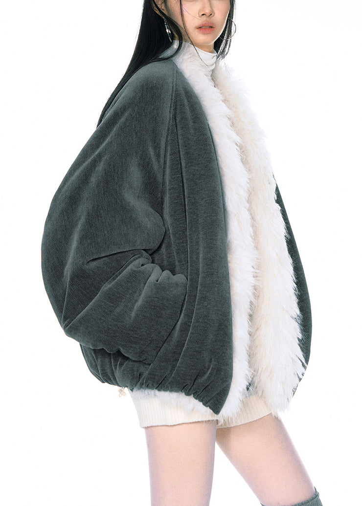 Loose Grey Fur Collar Pockets Patchwork Fluffy Parka Spring