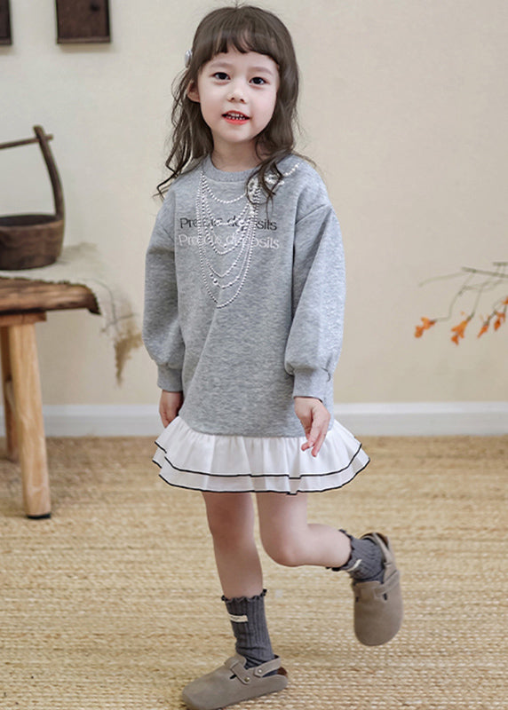 Loose Grey Graphic Kids Mid Sweatshirts Dress Spring