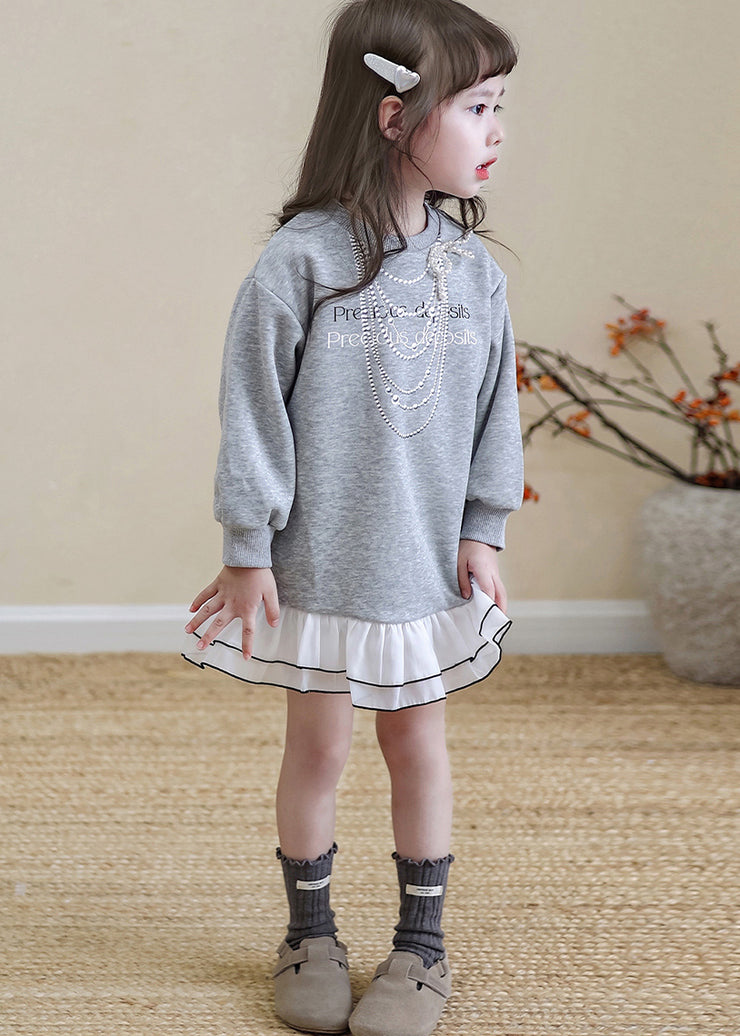 Loose Grey Graphic Kids Mid Sweatshirts Dress Spring