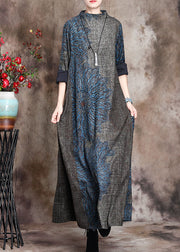 Loose Grey Half Hign Neck Print Cashmere Long Dress Fall