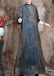 Loose Grey Half Hign Neck Print Cashmere Long Dress Spring