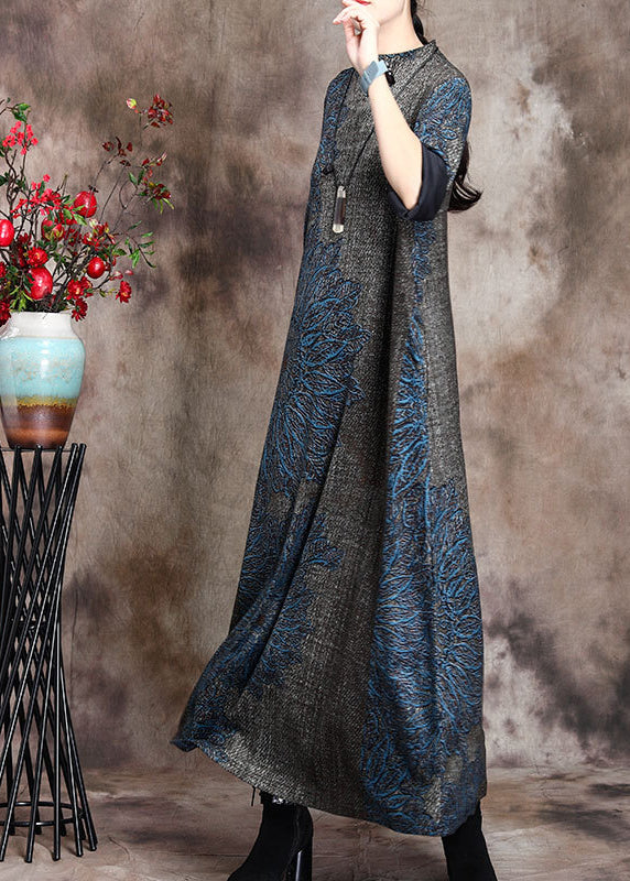 Loose Grey Half Hign Neck Print Cashmere Long Dress Fall