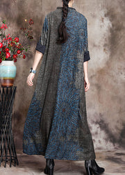 Loose Grey Half Hign Neck Print Cashmere Long Dress Spring