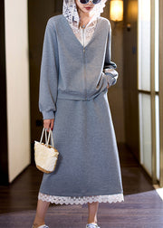 Loose Grey Hooded Lace Patchwork Two Pieces Set Fall