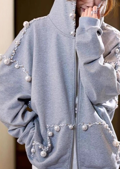 Loose Grey Hooded Pearl Pockets Cotton Coats Spring