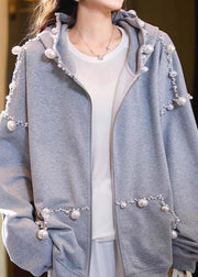 Loose Grey Hooded Pearl Pockets Cotton Coats Spring