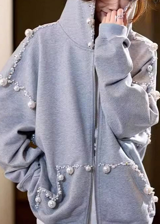 Loose Grey Hooded Pearl Pockets Cotton Coats Spring