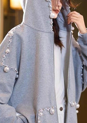 Loose Grey Hooded Pearl Pockets Cotton Coats Spring